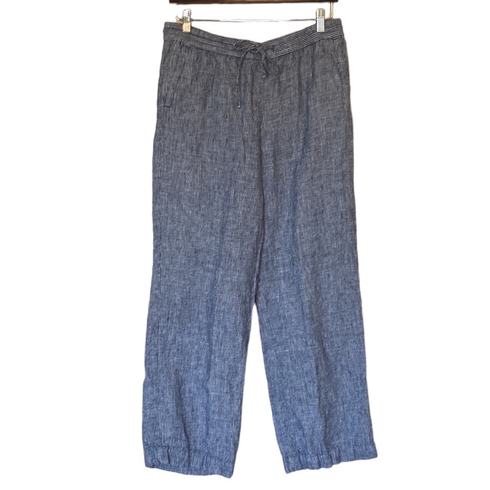 Talbots 100% Linen Blue White Stripe Wide Leg Pull On Pants 10